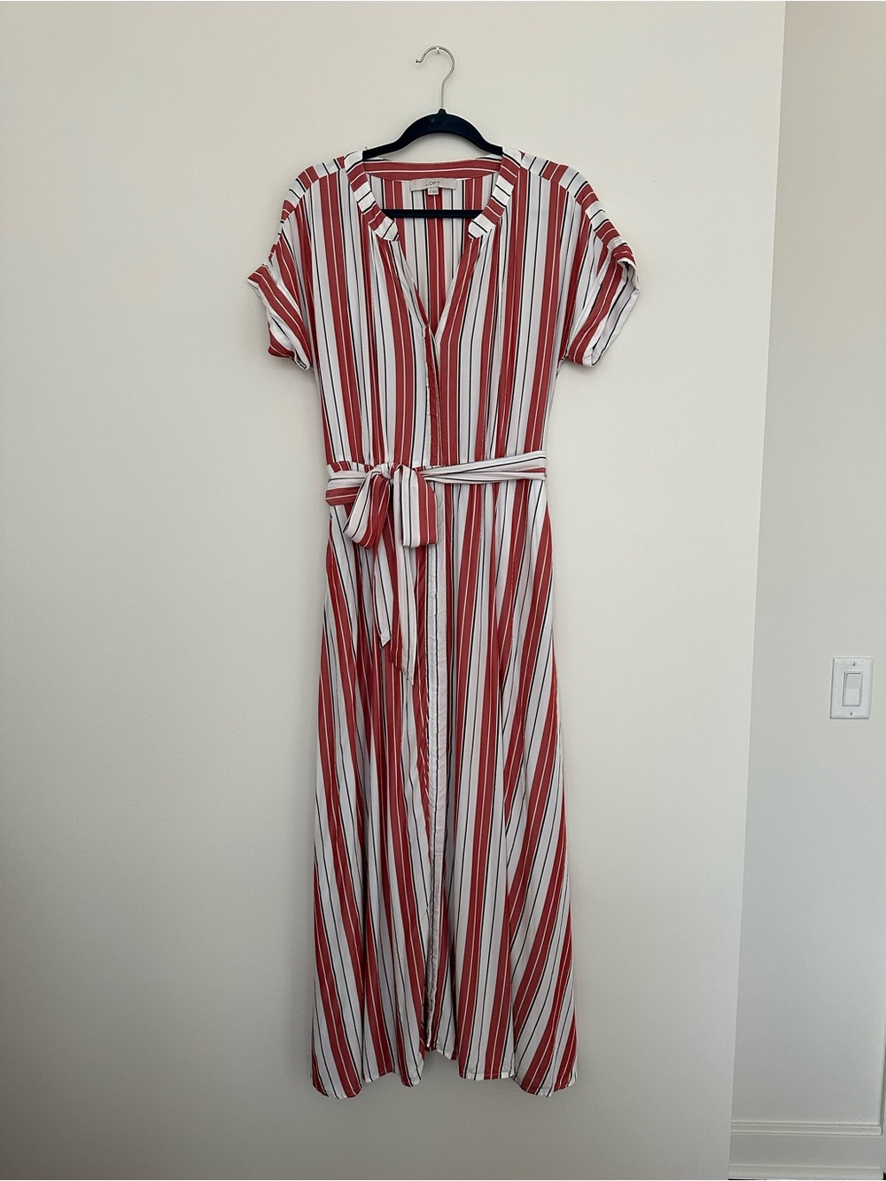 LOFT Red and White Striped Maxi Shirt Dress with Tie
